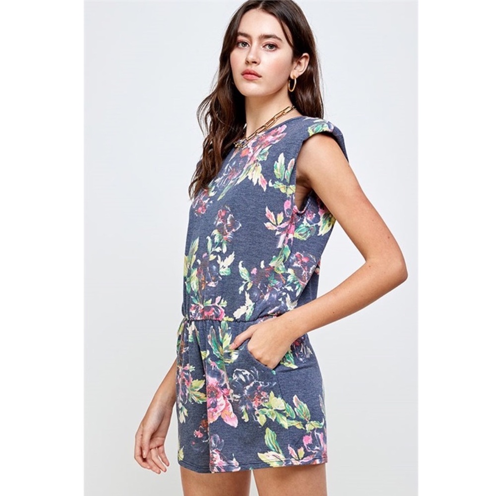 Navy Blue Floral Print Short Sleeve Romper Jumpsuit